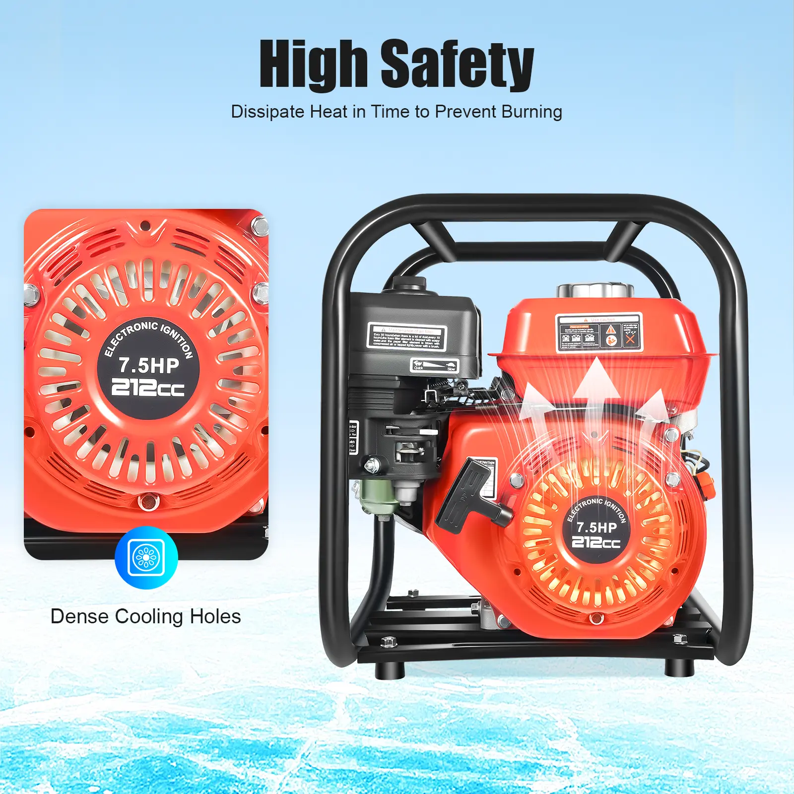7.5HP 4-Stroke Gasoline Engine Water Pump 918.18ft³/h Flow 98.43ft Head 0.95Gal Fuel Tank 2in Inlet/Outlet for Farm Irrigation Fire Rescue City Drainage