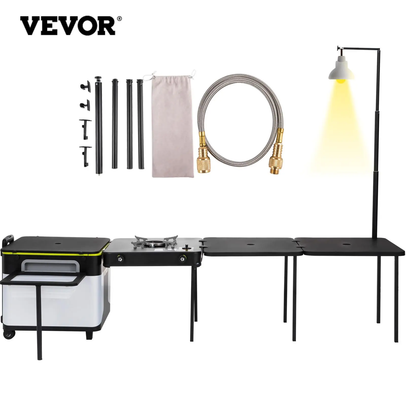 【Summerfinds】VEVOR Outdoor Mobile Kitchen, Portable Multifunctional Camp Box with Wheels All in One Integrated Cooking Station with Windproof Stove, Folding Tables Storage Organizer, Black