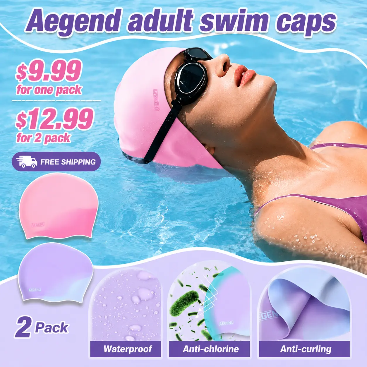 Aegend Unisex Braided Odorless Silicone Aquatic Swimming Cap - 3D Snug Fit, Elastic Stretch, Durable, Tear-Resistant, Asymmetrical Ergonomic Shaping, All Seasons, No Deformation, Long Hair Swim Space, Stretch-On No Fuss Easy On/Off for Adults (4 Colors)