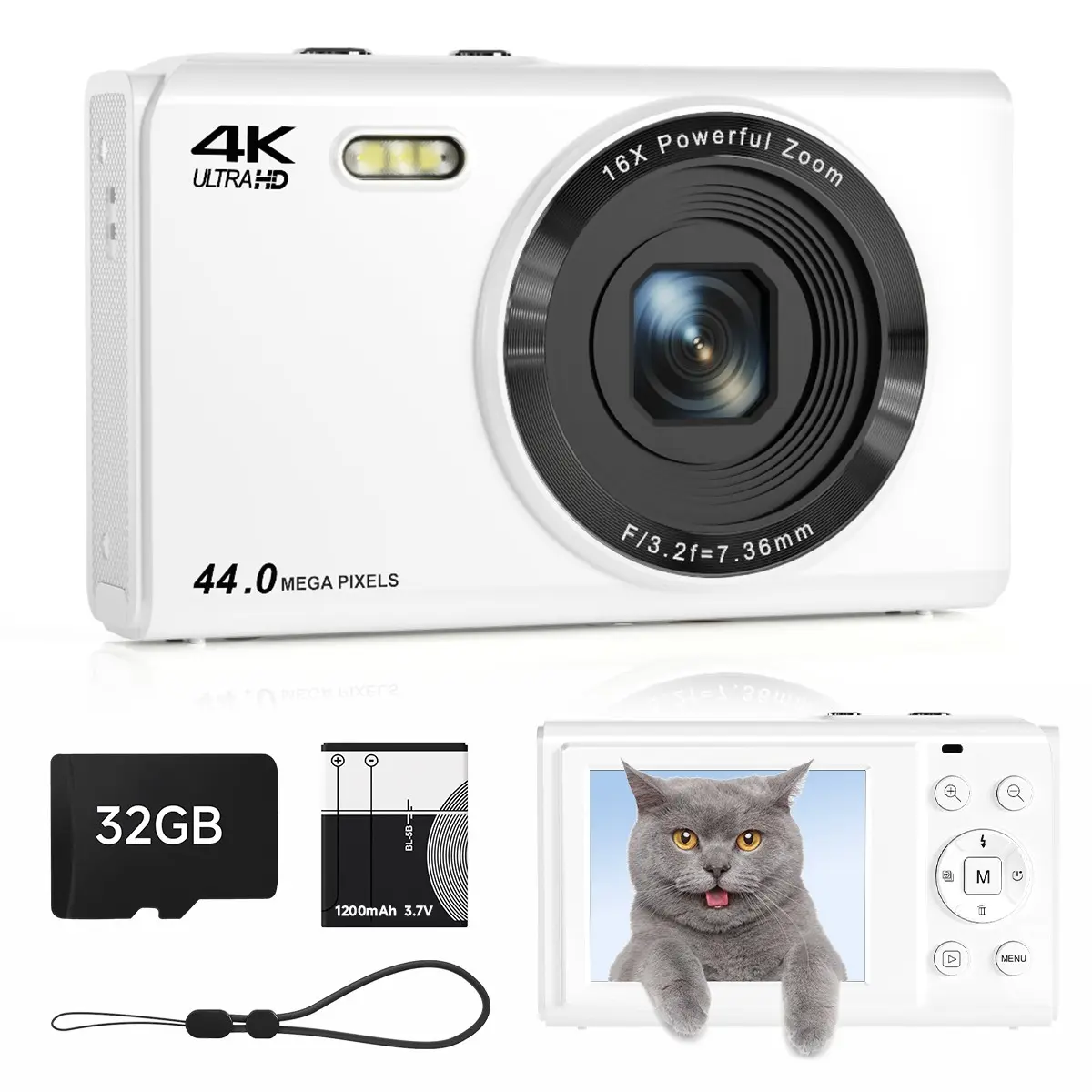 Portable 4K FHD Compact Point & Shoot Digital Camera - 44MP, 2.4" LCD, 16X Digital Zoom Autofocus, Anti-Shake Vlogging Camera for Beginners, 1200mAh Battery, USB Port, MicroSD Slot (White)