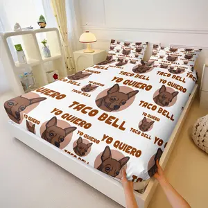 Chihuahua Print Bed Sheet Set, Retro 90s Fast Food Meme Print, Soft Microfiber Elastic Deep Pocket, Classic Slogan & Dog Pattern