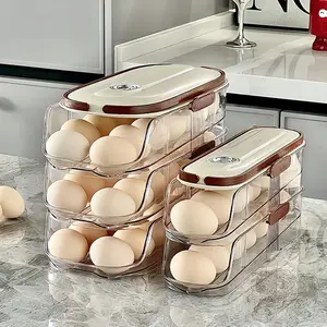 Egg Holder for Fridge, Automatic Rolling Egg Container for Refrigerator, Clear Plastic Egg Dispenser, Stackable Eggs Organizer with Quick Removable inner Tray For Organizers and Storage, 2Pack