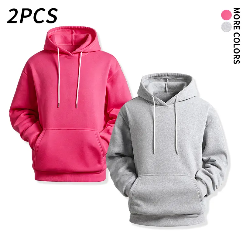 2-Pack Basic Solid Color Pullover Hoodies — Loose, Soft, Drawstring Cuffs & Pockets, Unisex for Everyday Casual Street Style