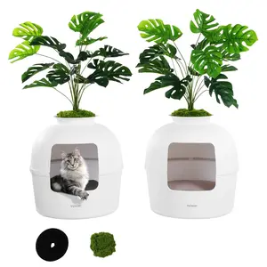 Plant Litter Box 2 Pcs Hidden Litter Box Enclosure Furniture with Artificial Plants & Carbon Filter Enclosed Cat Litter Boxes with Large Entrance and Sturdy PP Material for Cats Secret Space