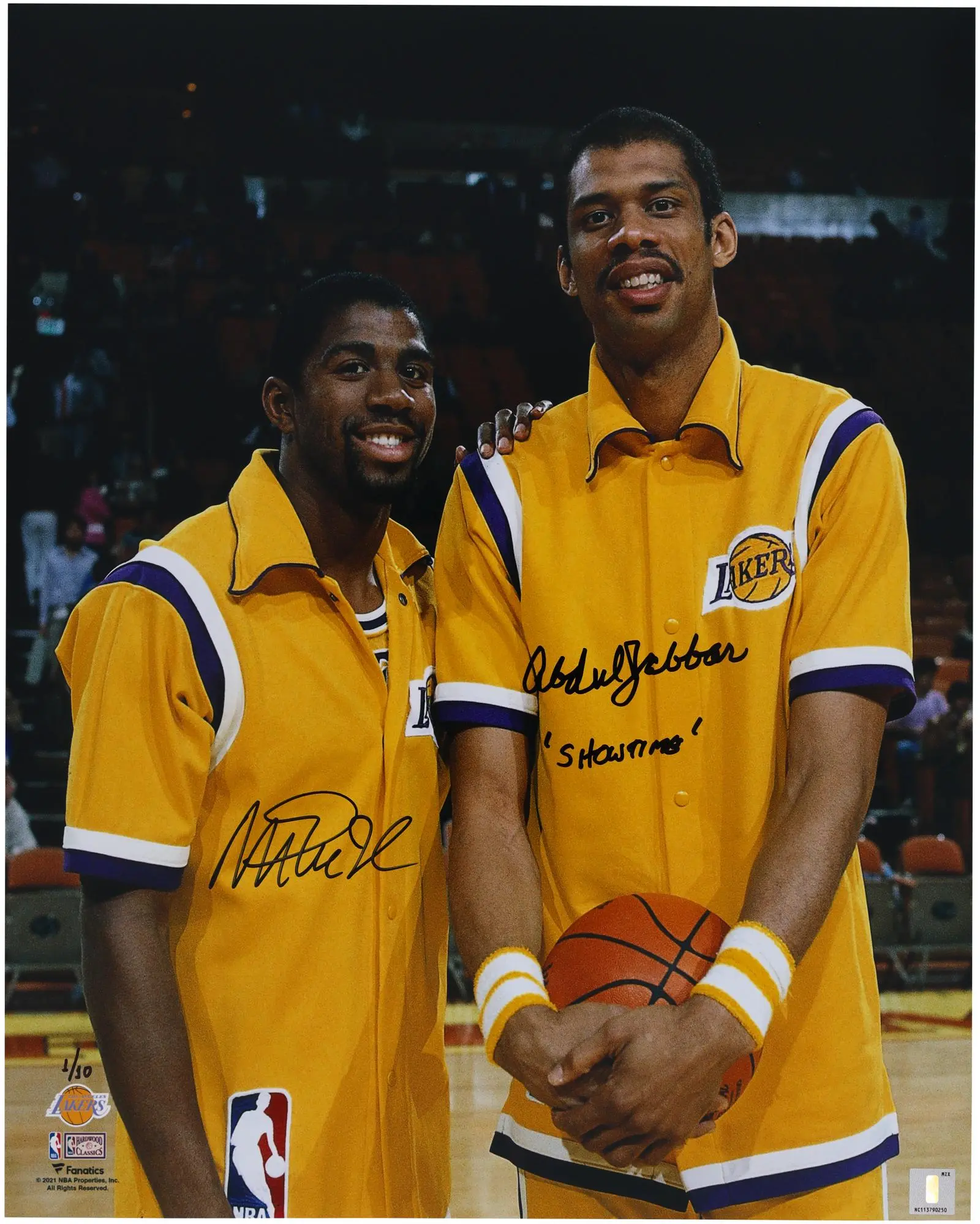 Kareem Abdul-Jabbar and Magic Johnson Los Angeles Lakers Autographed 16" x 20" Warm ups Photograph with "Showtime" Inscription - Limited Edition #1 of 10 - Fanatics Authentic Certified