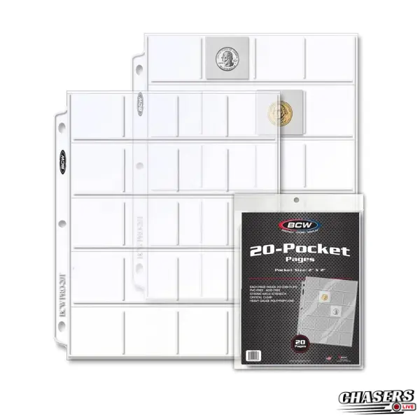 BCW Compact Coin Storage Pages, 20 Sheets with 20 Pockets per Page, 400 Total Capacity, Fits 2"x2" Holders, 3-Ring Binders Compatible, Archival-Safe Polypropylene for Collectors to Organize Their Items