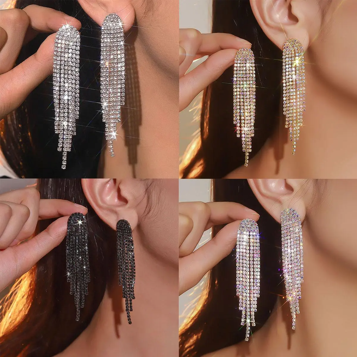BLIJERY Fashion Long Tassel Drop Earrings for Women Black Gold Silver Color Rhinestone Dangle Earring Wedding Party Jewelry Gift