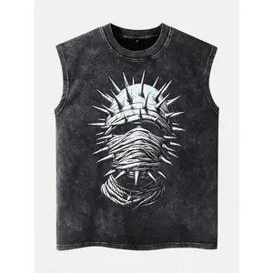 Men's Sleeveless Graphic Tank Top Black Washed Punk Rock Metal Band Slim Fit for Daily Wear Spring Summer