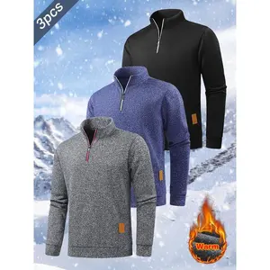 1pcs men's autumn and winter stand up collar quarter zipper long sleeved pullover with warm wool lining, suitable for daily leisure and sports runningGift