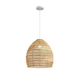Aeyee Bamboo Pendant Light Fixture Boho Style 1 Lights Rattan Pendant Lamp Woven Hanging Light for Kitchen Island Nursery