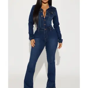 Long Sleeve Denim Jumpsuit - Dark Denim Collar   casual batwing sleeve Womenswear Button