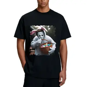 100% pure cotton Halloween Horror Style Men's T-Shirt Michael Myers Bunny Easter Egg Hunt Design For Spring And Easter Season Gift For Halloween Fans And Easter Enthusiasts