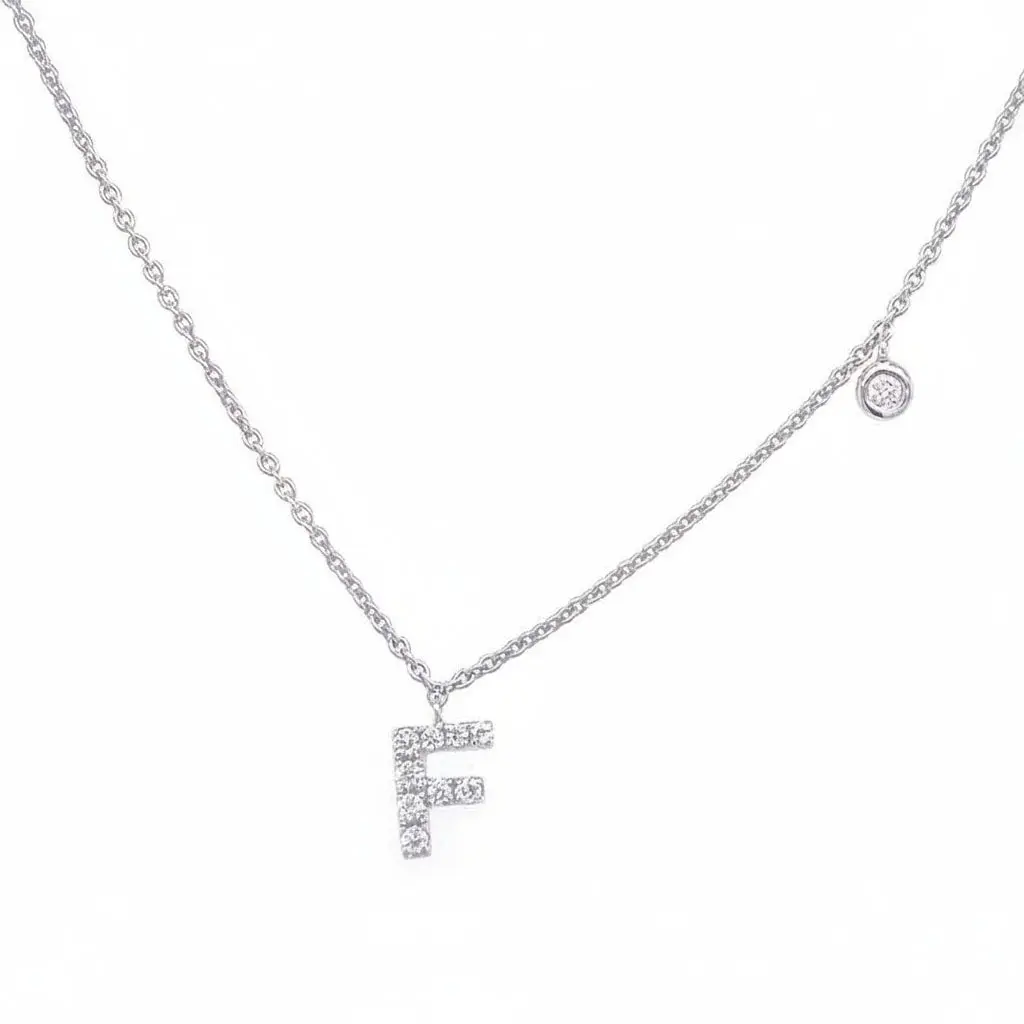 Initial Necklace Letter F with Diamond – 14k White Gold