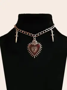 Retro Gothic Heart-shaped Rose Flower Decoration Pendant Necklace, Vintage Double Sword Pendant Chain Pendant Necklace, Clavicle Chain Necklace for Party Y2k, Jewelry, Fashionable Jewelry Accessories
