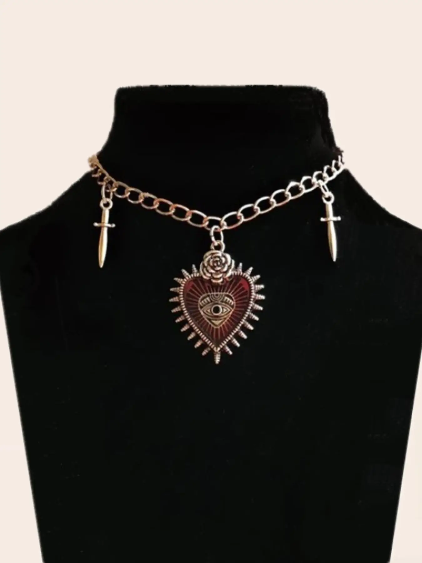 Retro Gothic Heart-shaped Rose Flower Decoration Pendant Necklace, Vintage Double Sword Pendant Chain Pendant Necklace, Clavicle Chain Necklace for Pa