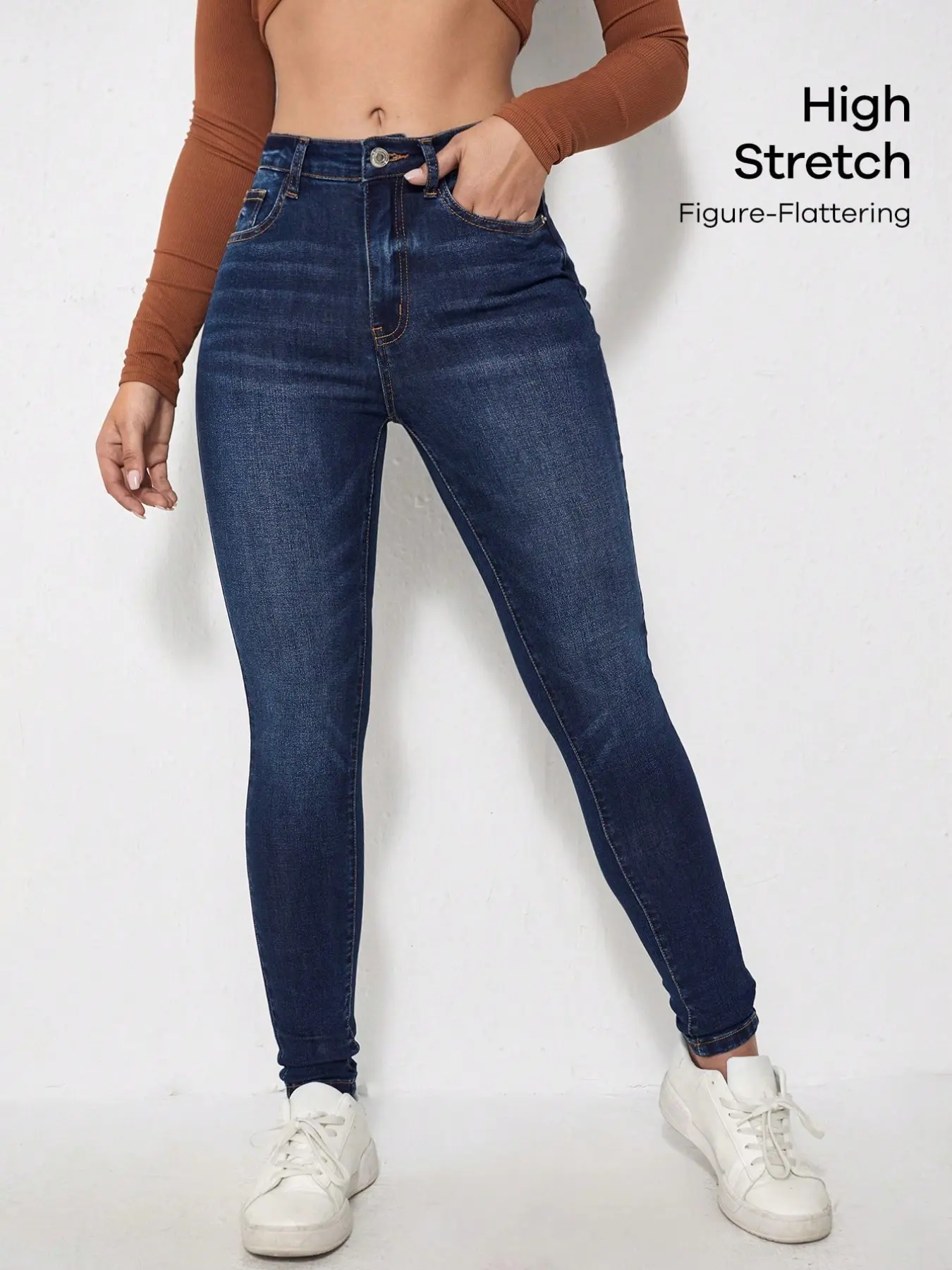 High Waist Stretchy Dark Wash Denim Tight Slim Skinny Jeans, Bodycon Fit, Women's Casual Everyday Long Pants, All Seasons, Womenswear