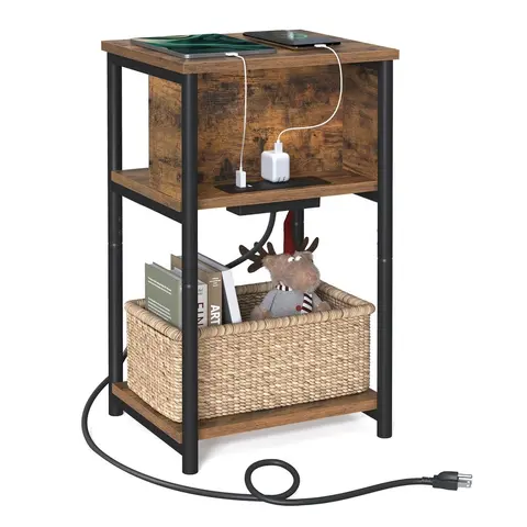 VASAGLE 3-Tier Modern Accent Table with Charging Station - USB Ports, Outlets, Sturdy End Tables, Nightstand, Living Room/Bedroom Use, Space-Saving Small Space Pick, 11.8 x 13.4 x 22.8 inches Plug-in Series
