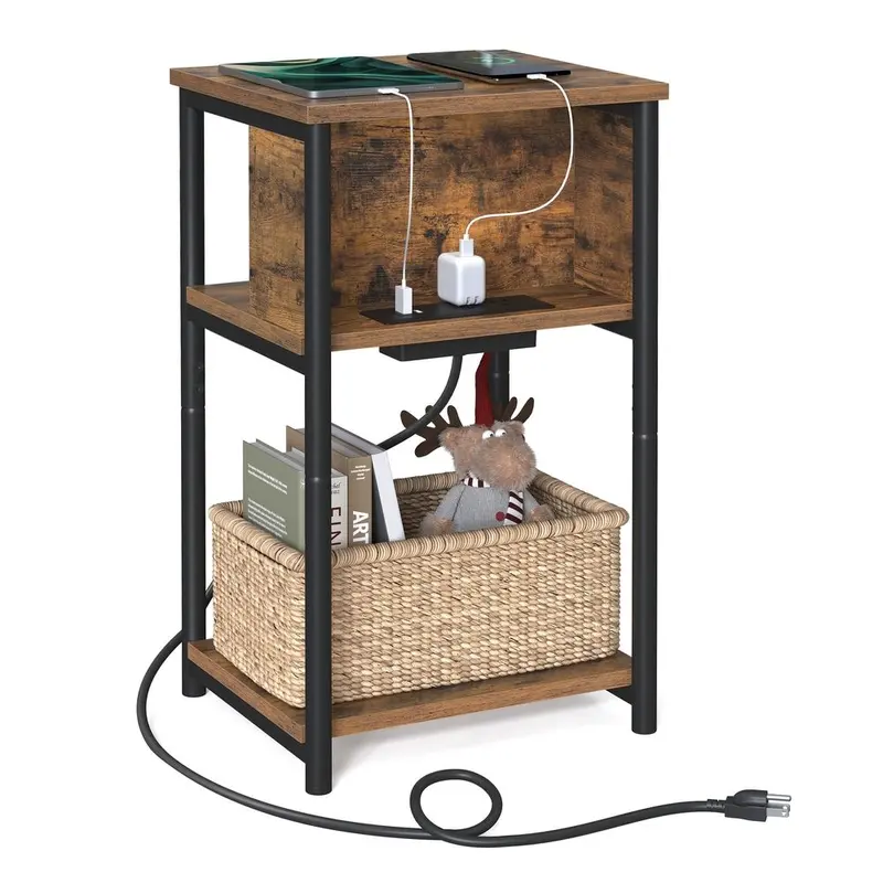 VASAGLE 3-Tier Modern Accent Table with Charging Station - USB Ports, Outlets, Sturdy End Tables, Nightstand, Living Room/Bedroom Use, Space-Saving Small Space Pick, 11.8 x 13.4 x 22.8 inches Plug-in Series