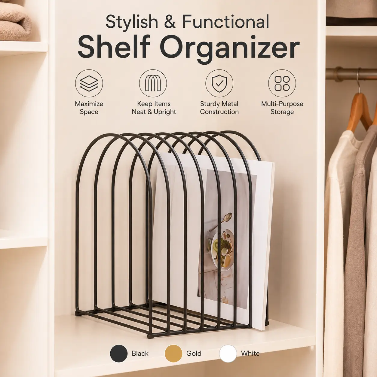 1 Count, Arched Metal Wire Magazine File Rack, Desktop Wardrobe Shelf Storage Organizer for Books Documents and Paper Files