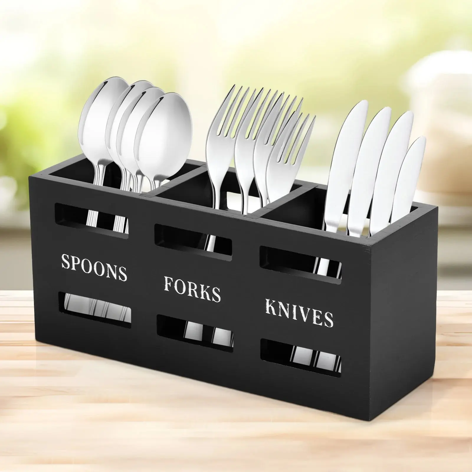 Wood Utensil Caddy – 3-Compartment Silverware Organizer for Kitchen Countertop