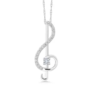 Gem Stone King 10K White Gold Lab Grown Diamond Treble Clef Pendant Necklace Music Note Jewelry Gift For Women By Keren Hanan (0.25 Cttw, with 18 Inch Chain)