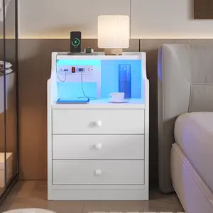 LED Nightstand with 3 Storage Drawers White Bedroom Table Modern Furniture