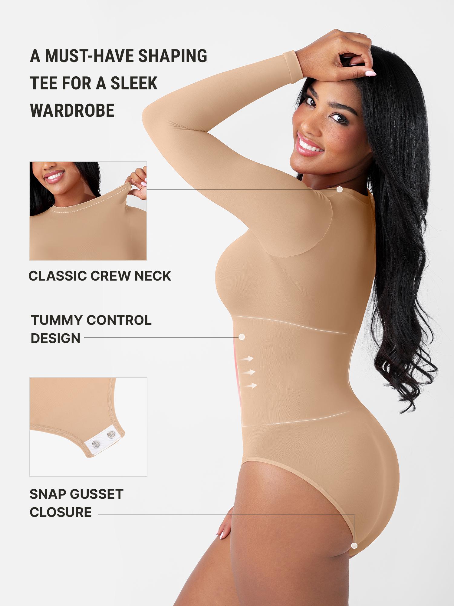 FeelinGirl #Live Round Neck Seamless Long Sleeve Compression Shapewear Bodysuit