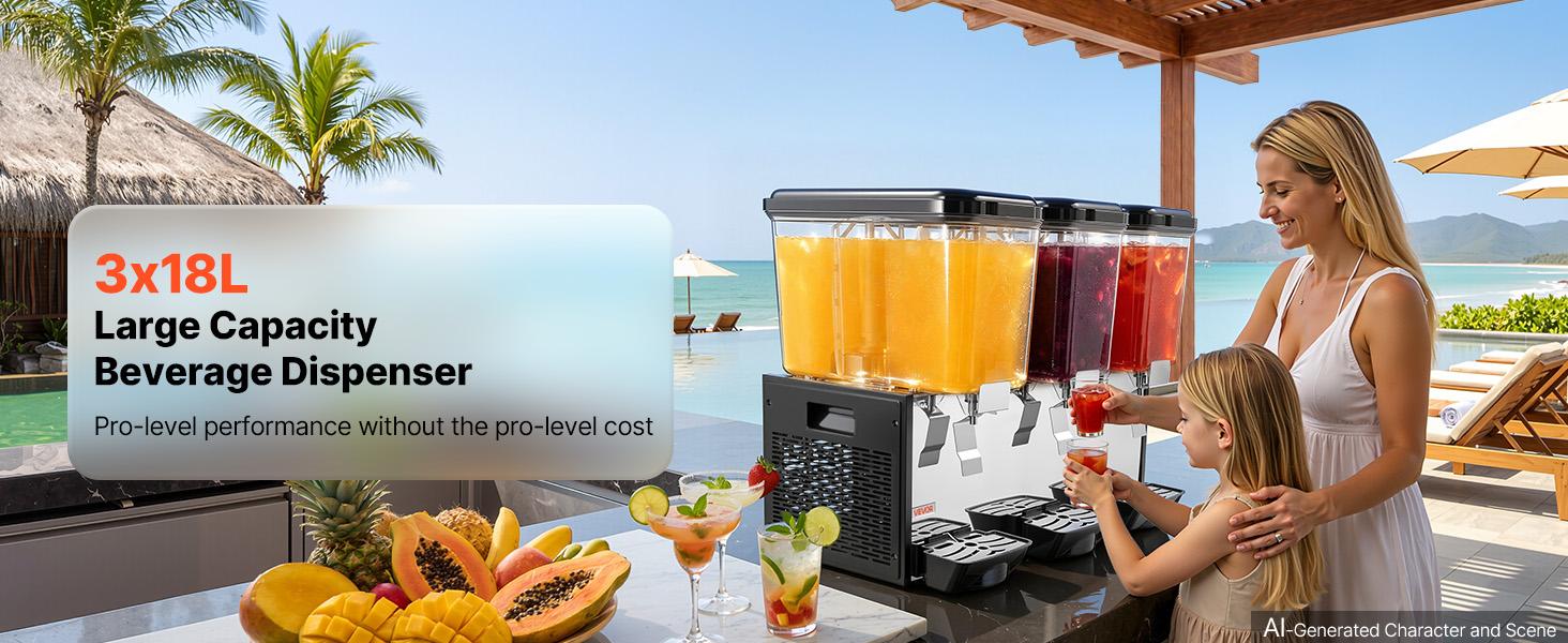 VEVOR Commercial Beverage Dispenser, 3-Tank Cooling Drink Machine with 18L/19QT Per Tank, Stainless Steel Build, 45℉-54℉ Temperature Control, Commercial Look for Restaurants, Three Tanks