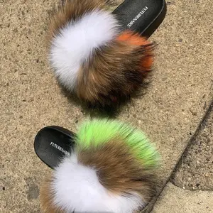 Brown, White, Lime & Orange Fur Slides for Women - Cute Open Toe Slides with Comfortable Rubber Sole Perfect for Indoor Use Autumn Style Girl Walking Shoes Footwear Fluffy Flipflop