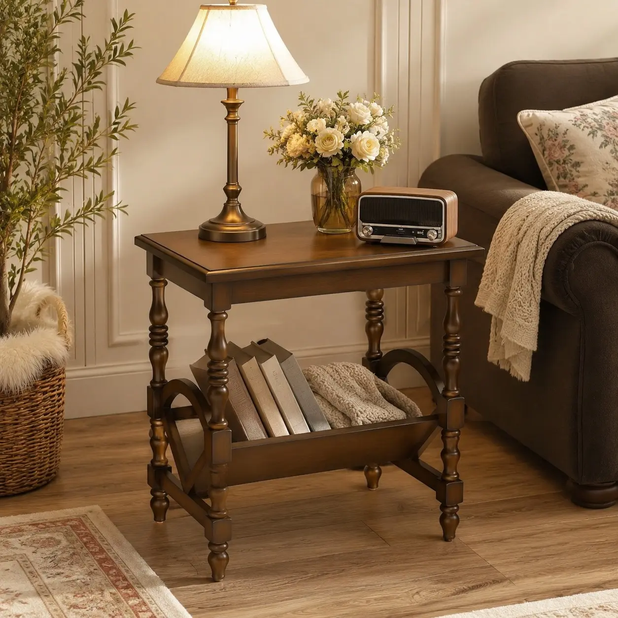 Littleox Elegant Classic Accent Side End Table with Integrated Magazine Rack, Premium Birch Veneer Surface & Durable Rubberwood Legs, Versatile Storage Furniture for Living Room, Bedroom & Reading Nook