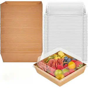 50 Pack 5 Inch Paper Charcuterie Boxes with Clear Lids, Square To Go Cake Slice Containers Small Kraft Bakery Boxes for Dessert, Cookies, Sandwich, Strawberries (Brown)