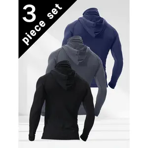 3-Pack Men's Quick-Dry Hoodie with Face Mask - Breathable, Sun Protection, Elastic Polyester, Suitable Gym, Running, and Casual Wear, Navy Blue, Black, and Dark Blue