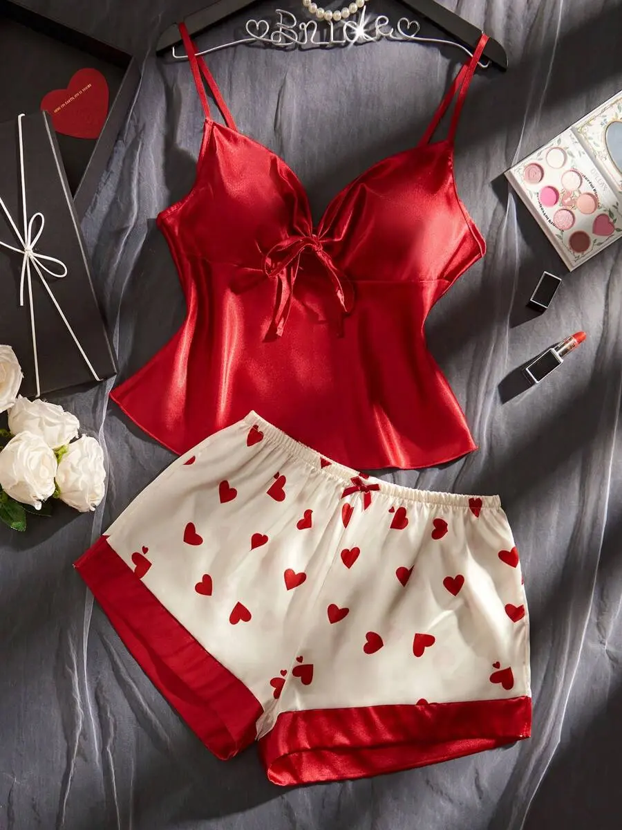 Women's Solid Color Front Tie Camisole Top And Heart Print Shorts Sexy Pajama Set, For Christmas