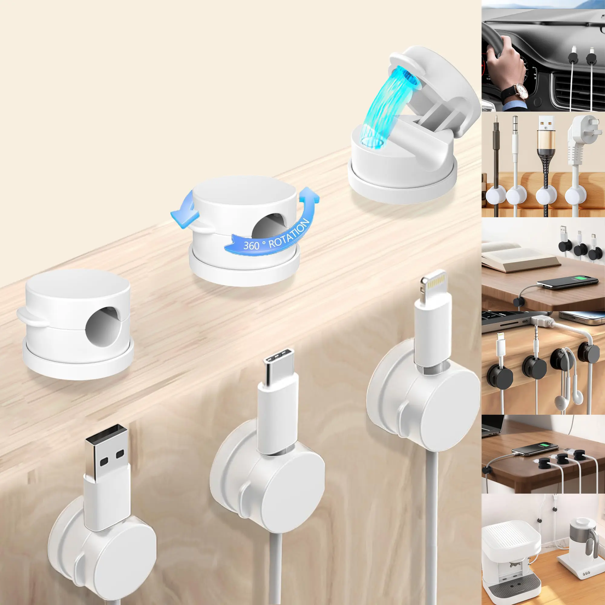 6-Pack (Bulk Pack) 7.5mm Magnetic Cord Holding Organizer - 360° Adjustable Multifunctional Hooks with No-Residue Acrylic Adhesive Clips for Minimalist Decluttering, Bedside Nightstands (Lightning/USB Extensions, Phone/Pad Chargers)