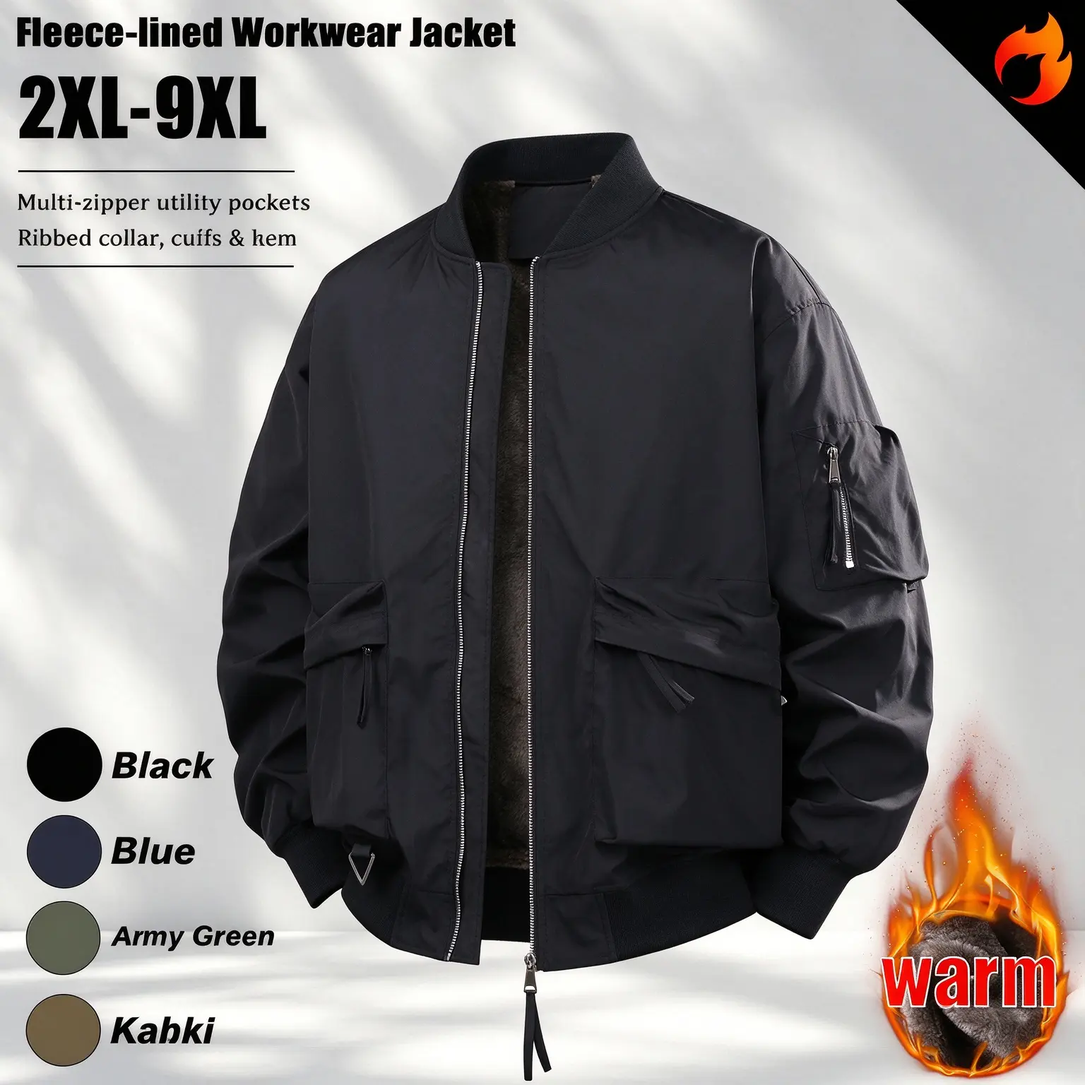 【2XL-9XL】Men’s plus-size workwear jacket for autumn/winter with fleece lining, featuring a relaxed fit with multiple zippered pockets, ribbed cuffs at the collar, sleeves, and hem, suitable for city commuting, outdoor activities, shopping and leisure, sho