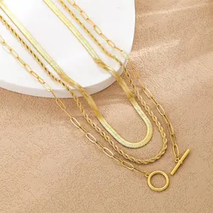 Layered Toggle Necklaces for Women Dainty Link Chain Paperclip Cuban Rope Adjustable Choker T-Bar Clasp Chunky Necklace 3PCS Gold Set Trendy Jewelry
