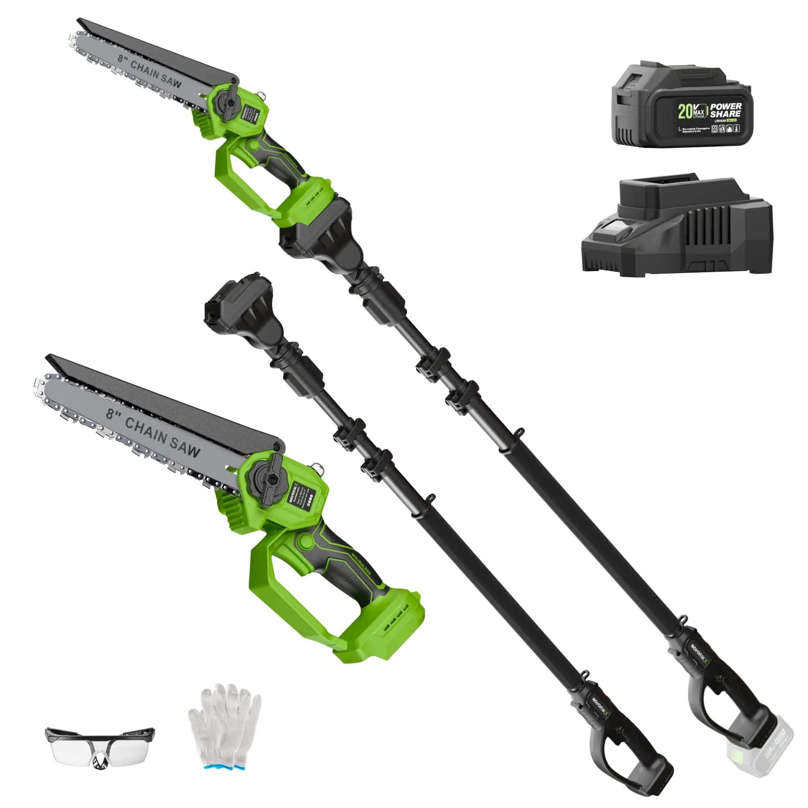 NovorikX 2-in-1 Cordless Pole Saw & Mini Chainsaw, 20V Power 3.0AH Longer Run 8-Inch, 15FT Reach Trim Electric Tree Trimmers with Extension Pole for Branch Cutting Pruning
