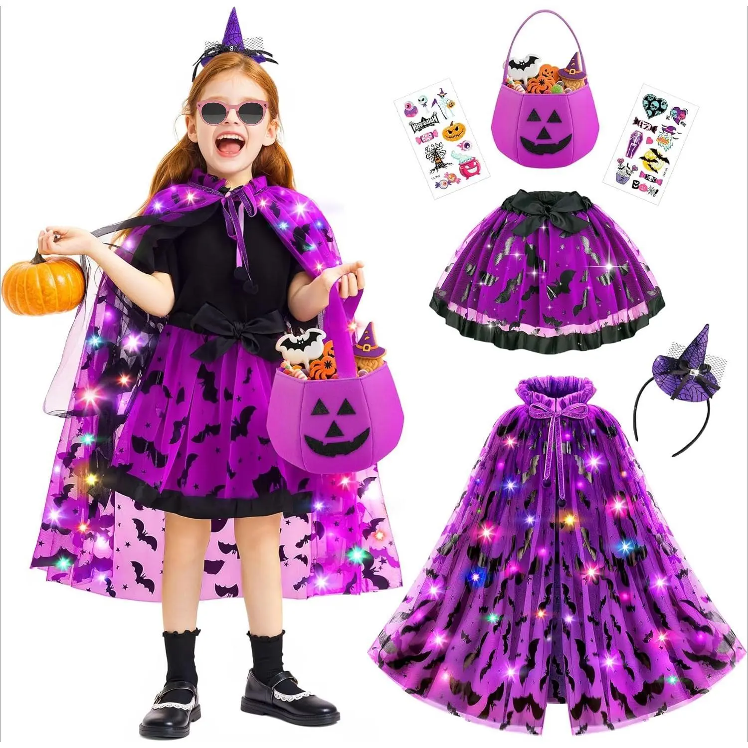 P-CPA07    Light up Witch Cape, Girls Halloween Bat Costume Bat Tutu Trick or Treat Bag, Witches Headband Halloween Dress up for Toddlers Girl 3 4 5 6