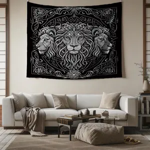 Majestic Lion King and Tribal Totem Tapestry， A Black-and-Gold Wall Hanging Made of Lightweight Polyester. It Serves as Both a Stylish Decorative Piece and a Great Way to Express Your Personality