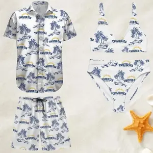 Twisted Tea Matching Couple Swimwear, Tropical Palm Tree Island Paradise Print Shirt Shorts & Bikini Set Beach Outfit, Perfect Gift for Beach Couple Vacation