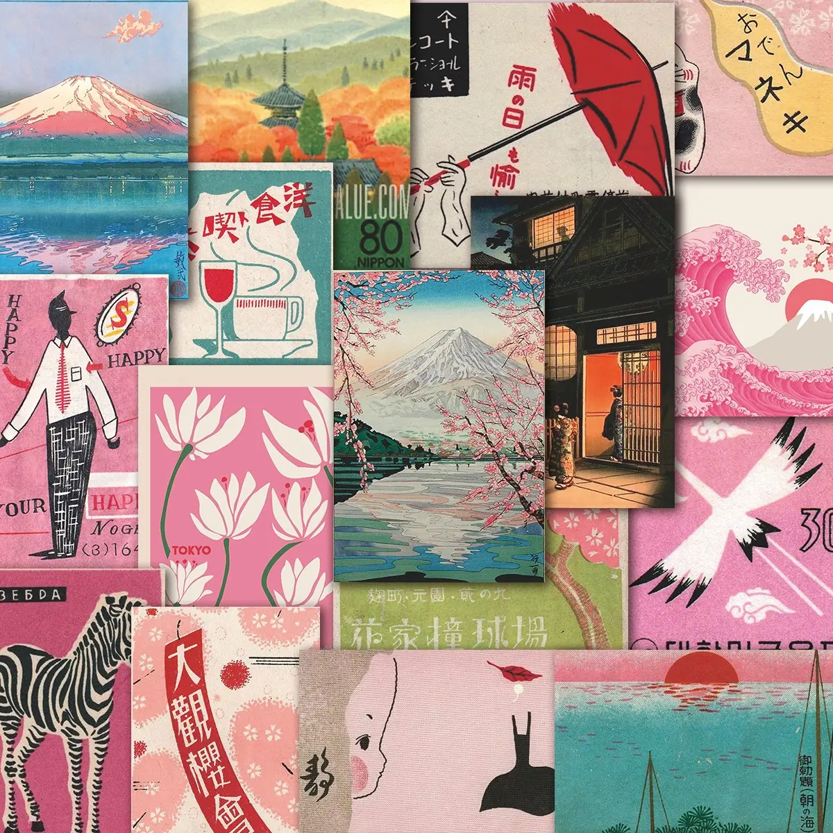 50Pcs Vintage Japanese Matchbox Stickers Pack, Sticker Set, Sticker Packs, Sticker Sheets, Aesthetic Stickers, Waterproof Retro Japanese Art & Mount Fuji Sakura Vinyl Decals for Laptop, Water Bottle, Journal & Scrapbook, Japanophile Gift