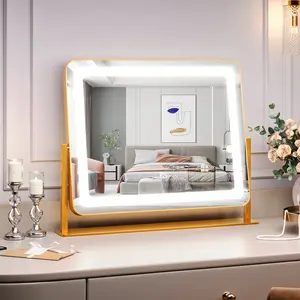 19.6 in x15.7 in Vanity Mirror with Lights, Large Lighted Mirror, LED Makeup Mirror with 3-Color Dimmable Modes and Smart Touch Control, Perfect for Desk or Bedroom, Vanity Desk Tabletop Makeup, Gold