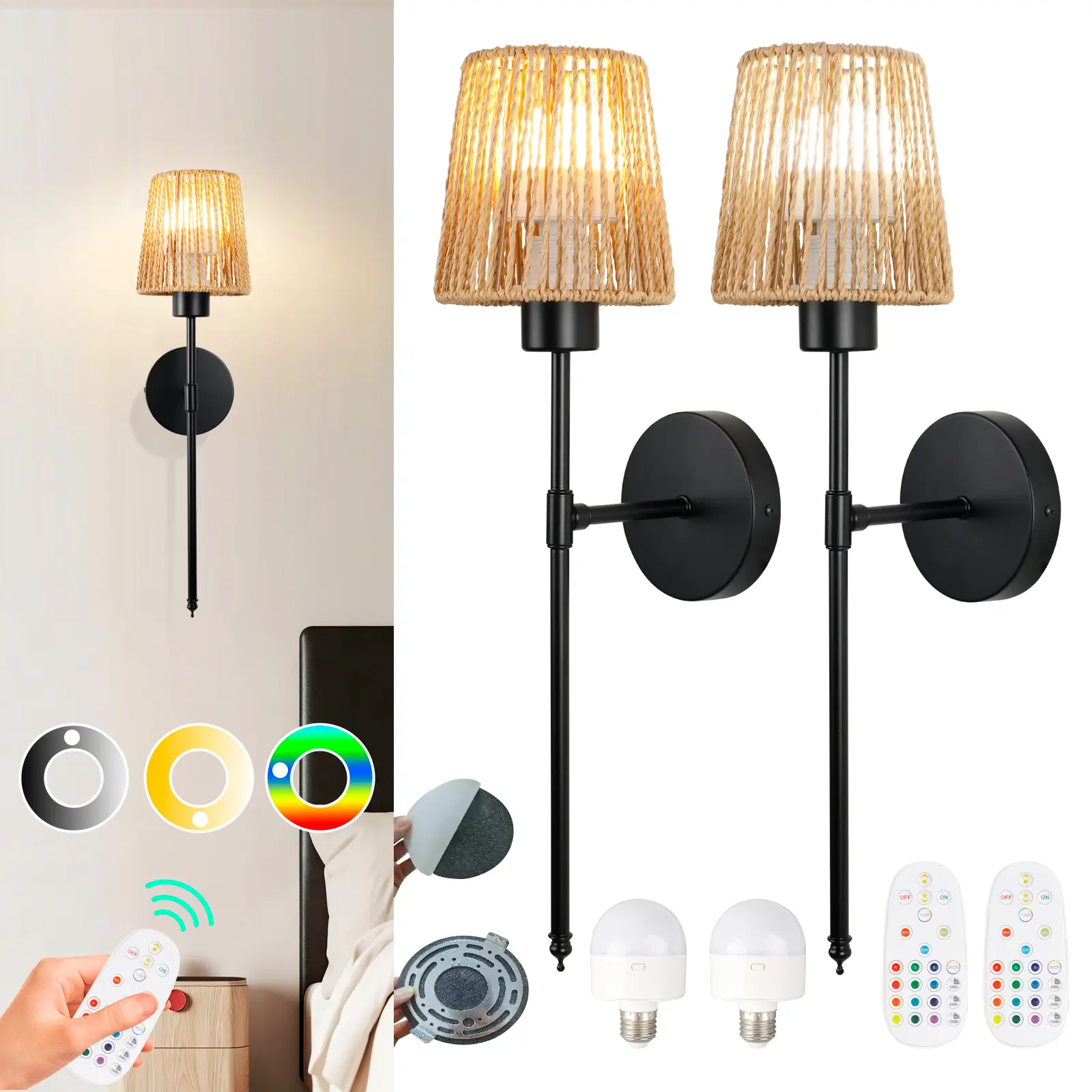 2pcs Minimalist Rechargeable LED Wall Sconces - Braid Accents, Dimmable 12-Color Changing Decorative Mood Lighting, Remote-Operated Wireless Adhesive Semi-Flush Mounts with Linen Shades, Adjustable, Batteries Included for Bedrooms, Bathrooms, Contemporary