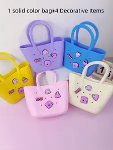 Pure Color Silicone Material Handbag Set, Includes 4 DIY Cartoon Accessories, Dual Handle Beach Bag, Bathroom Storage Bag, Evening Party Bag