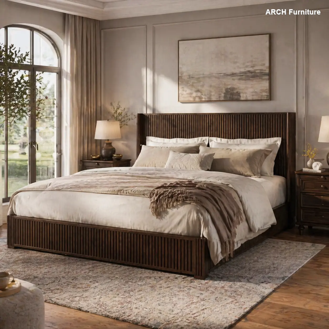 Walnut Wood Grain Vertical King Size Bed Frame Set, Floor-Stand Headboard Included, 1000 lbs Max Load Capacity, No Box Spring Needed, Easy Setup, Sturdy Wood-Finished Indoor Furniture Headboard Bed Frame, Headboard Bed Frames