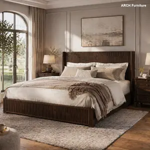 ARCH Vertical Wood Grain Walnut Solid Wood King Size Bed Frame Set, Floor-Stand Headboard Included, 1000 lbs Max High Load Capacity, No Box Spring Needed, Easy Setup, Sturdy Indoor Furniture Bed Frame