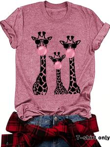 women's giraffe print round neck tee, fashion casual crew neck t-shirt for daily holiday vacation outdoor wear, ladies clothes for summer, womenswear, streetwear