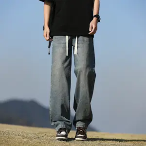 Men Loose Fit Wide Leg Jeans Vintage Wash Denim Pants Drawstring Waist Casual Streetwear Baggy Trousers