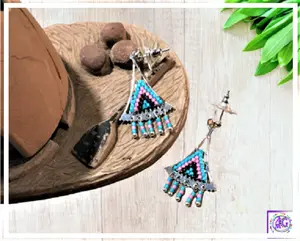 Pink Silver Beaded Triangle Earrings - Geometric Dangle Earrings - Boho Chic Handmade Jewelry