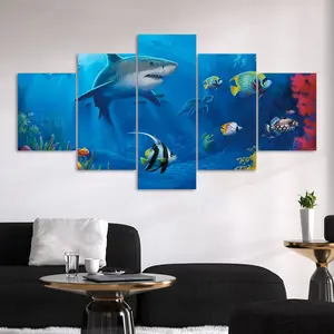 5 Counts Unframed Canvas Poster, Underwater Ocean Life Sharks Fish Sea Turtle Seahorse Poster, Exquisite Poster, Perfect Living Room Decoration, Modern Art, Fashion Family Poster, Wall Art Decoration, Odorless, Waterproof, Artwork